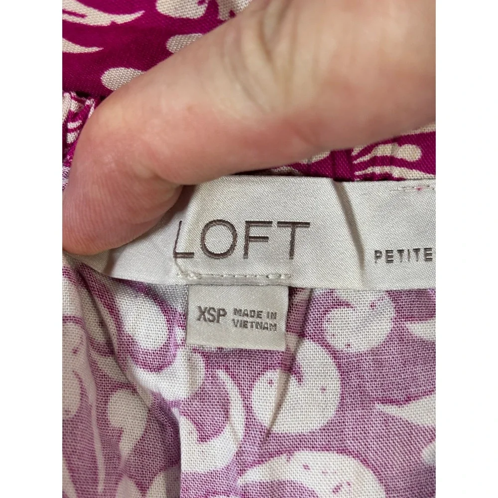LOFT Petite XS Pink Leaf Print Square Neck Puff Sleeve Boho Blouse Top